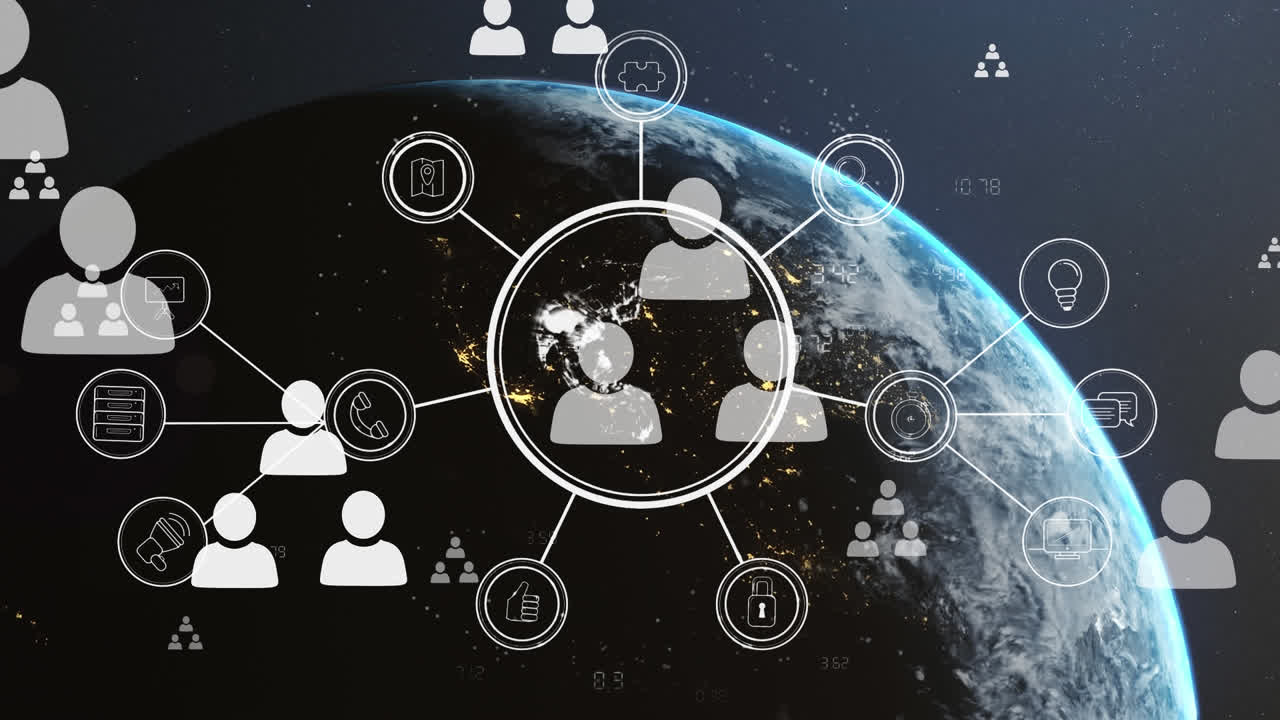 파란색 배경에 전 세계의 사람들과의 연결 네트워크의 애니메이션 아이콘