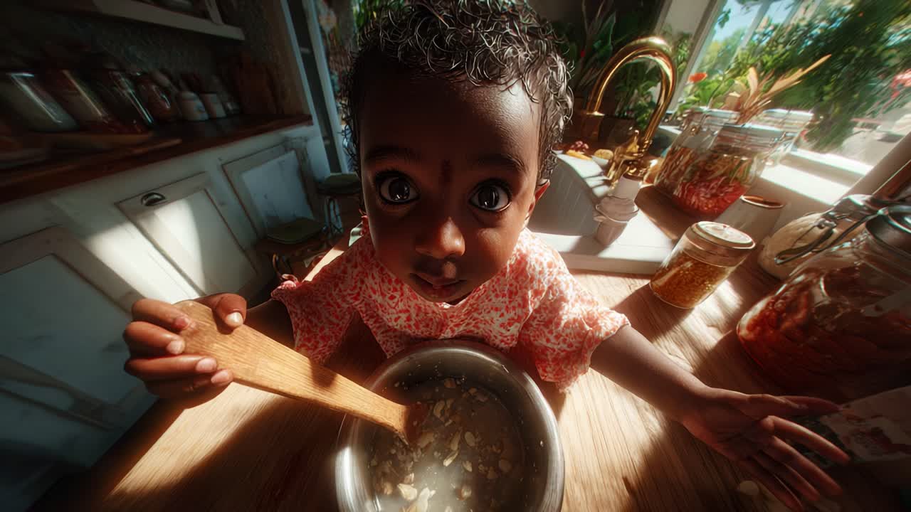 Un bambino piccolo impegnato in un'avventura culinaria con un cucchiaio di legno, che mescola con entusiasmo gli ingredienti in una pentola di metallo all'interno di una cucina luminosa e invitante