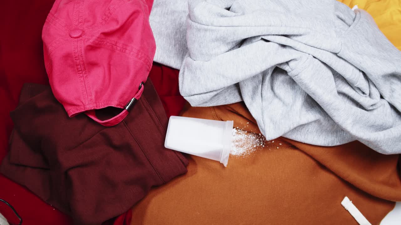 Laundry Detergent Powder Spilling on Pile of Clothes