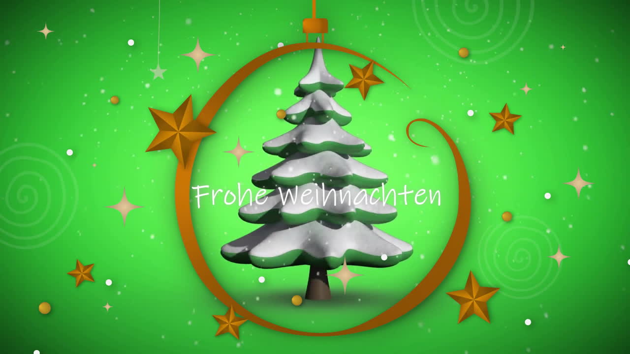 Christmas tree and stars with Frohe Weihnachten text animation on green background
