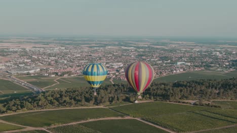 globos aerostáticos aéreos de 4k sobre un viñedo con una ciudad en un camión de drones de fondo de izquierda a derecha