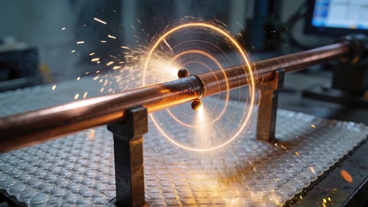 Sparking contact appearing on copper rod at metal platen, treating rod surface and forming sparks