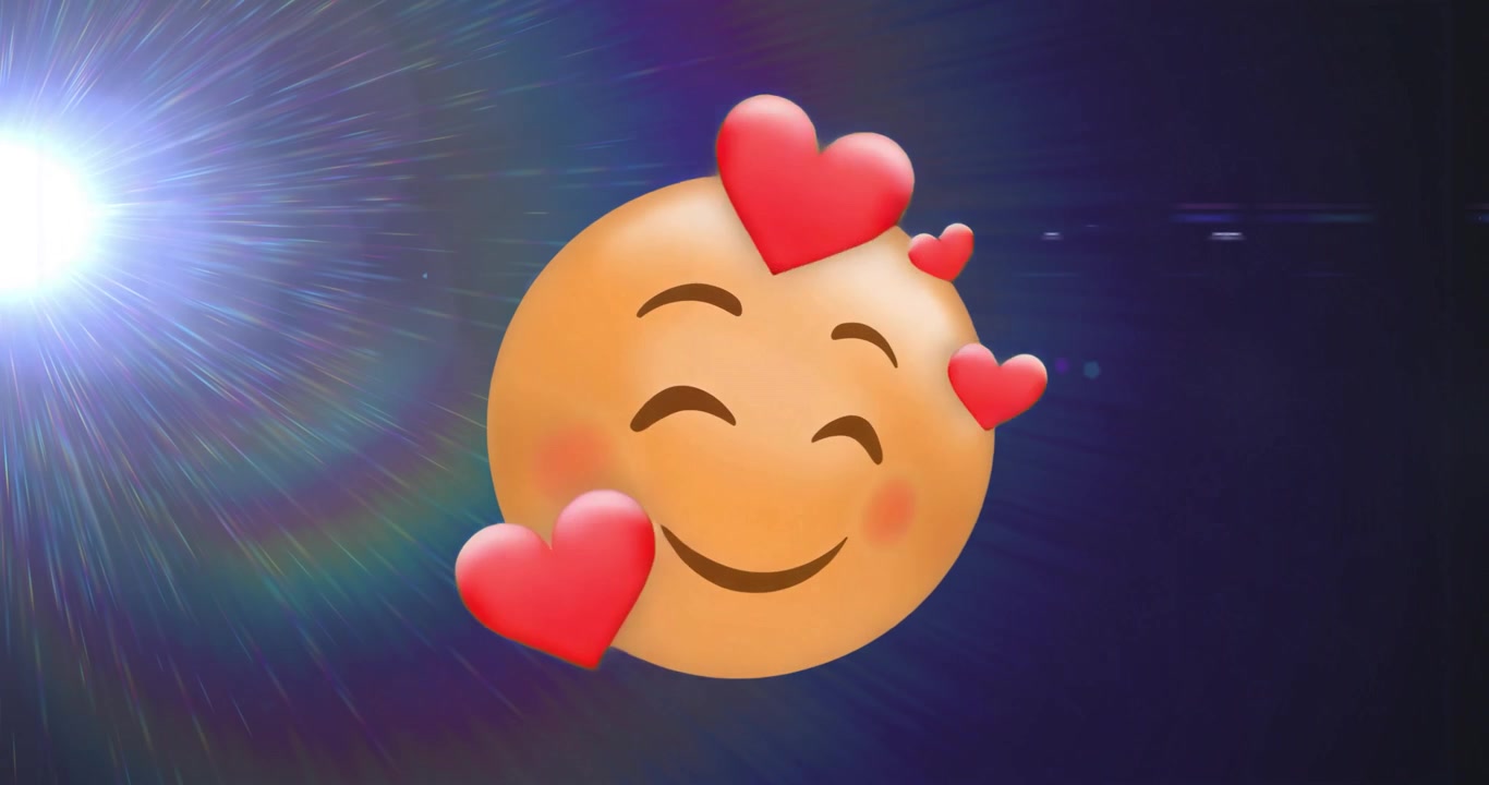 Face appearing triggers hearts drifting around cheeks showing affection in cosmic flat design