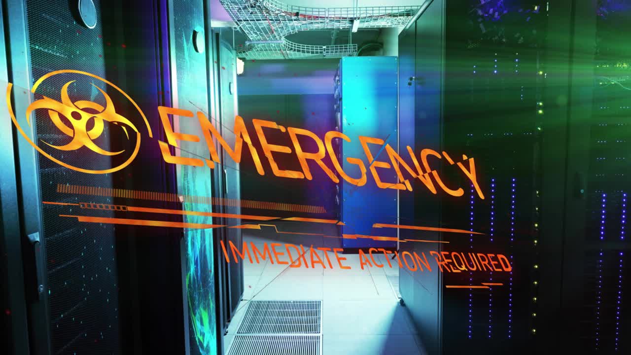 LEDs blinking biohazard icon fading glitching letters into EMERGENCY signaling immediate action