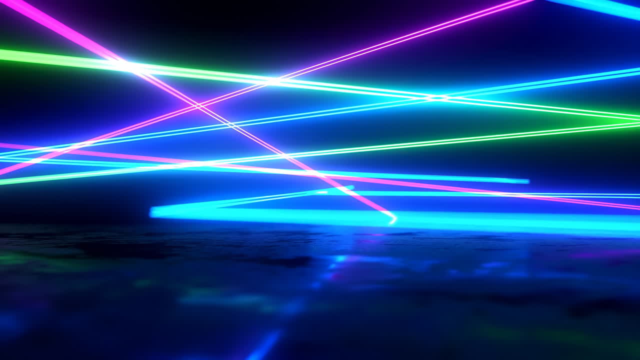 Raggi laser al neon dinamici che si riflettono su pavimento scuro