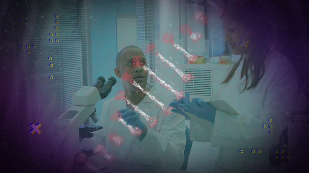 In laboratory, scientists discussing research with DNA strand animation in background