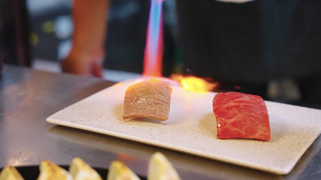 Wagyu Nigiri Sushi, Being Cooked With Blow Torch for Omakase Meal in Japan