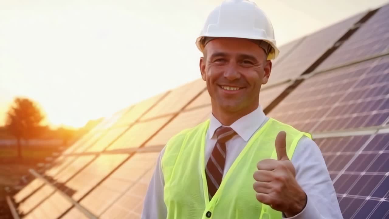 Adult engineer wearing white helmet giving a thumbs up near solar panel.