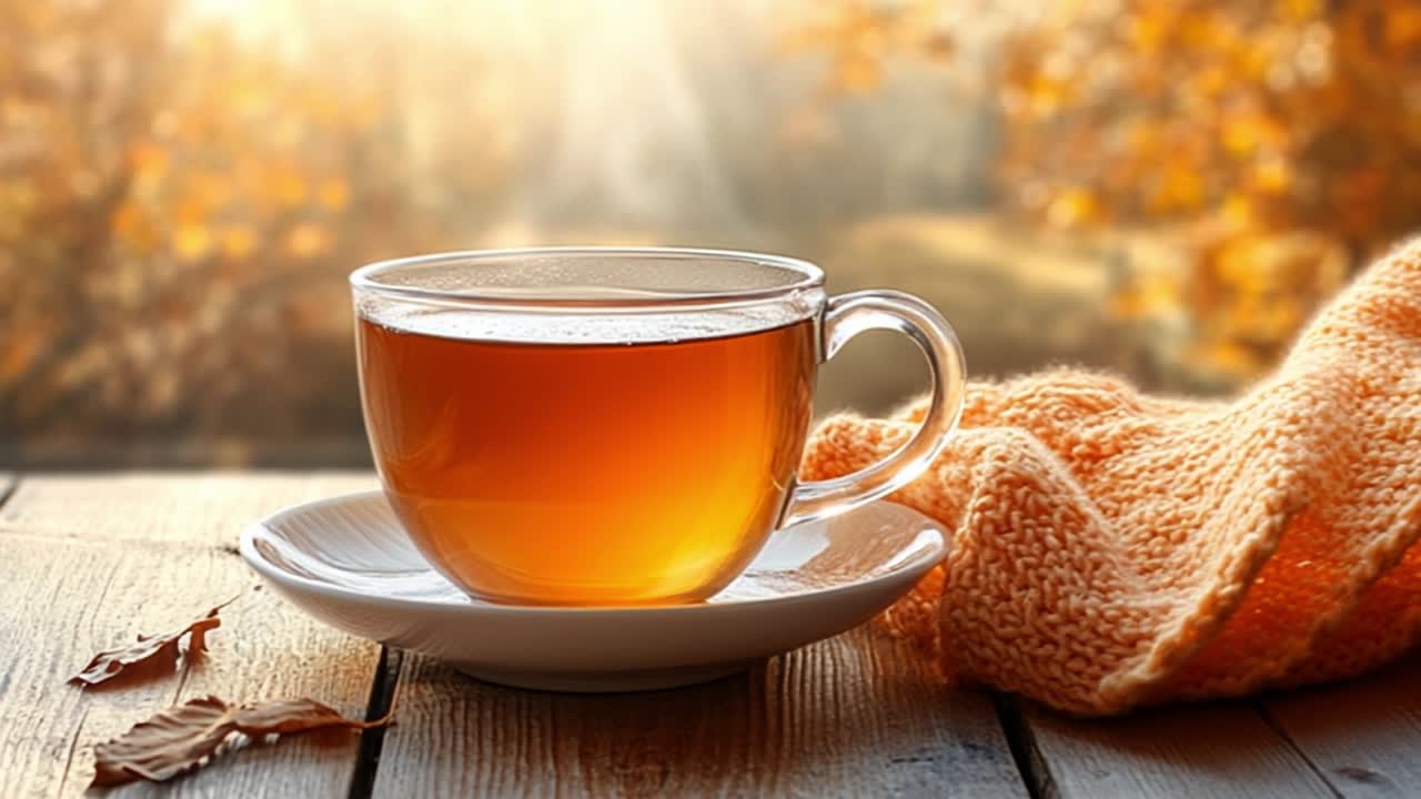 Warm cup of tea in autumn sunlight. A clear cup filled with tea sits on a wooden table beside a cozy knitted scarf. Autumn leaves are scattered around.