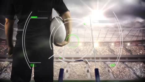 animation of digital interface with safe lock rotating over rugby player