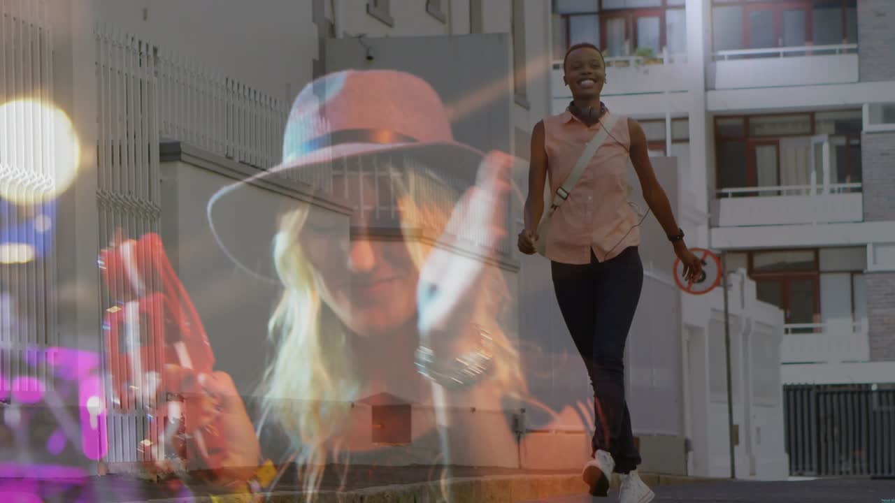 Musician shaking tambourine crossfading into woman striding past sign blending music into city beat