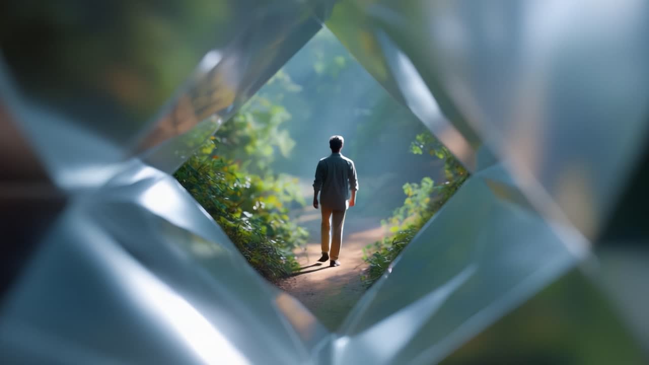 A solitary figure walks through a sunlit path surrounded by lush greenery, framed by a reflective surface creating an intriguing visual perspective