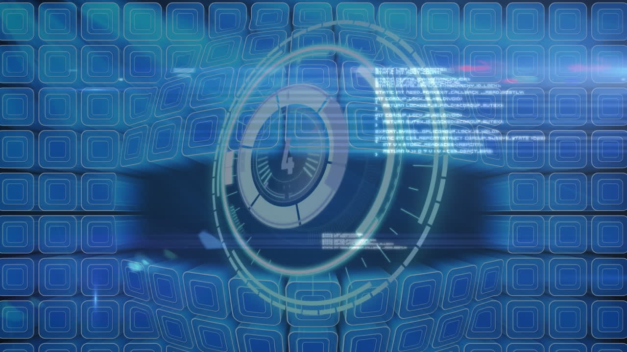 검은 바탕의 파란 사각형 위의 데이터 처리 및 안전 잠금의 애니메이션