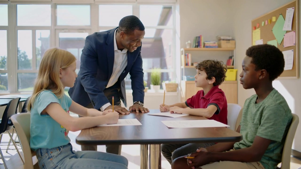 Leaning teacher in blazer guiding three students writing at classroom table, teaching with papers