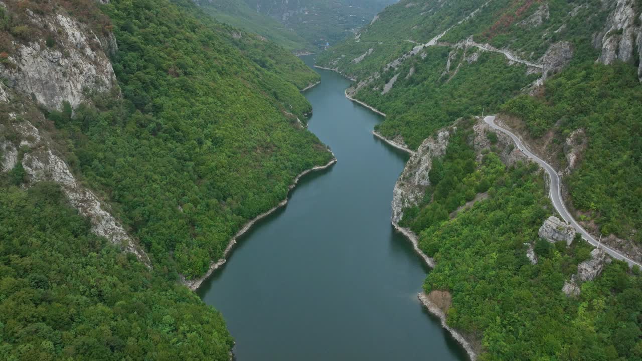 Scenic View Of Shala River Flowing Through The Albanian Alps In Northern Albania. Aerial Drone Shot