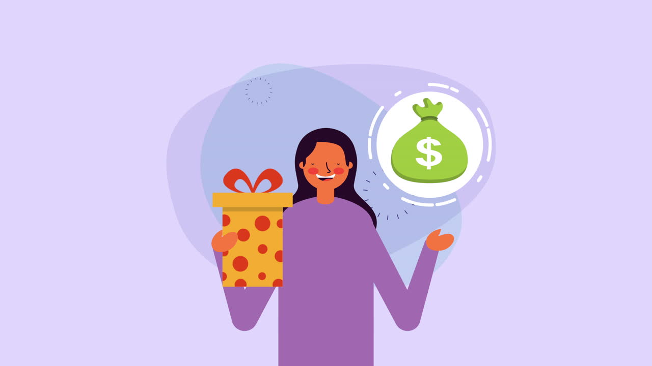 giovane donna d'affari con un regalo e una borsa di soldi