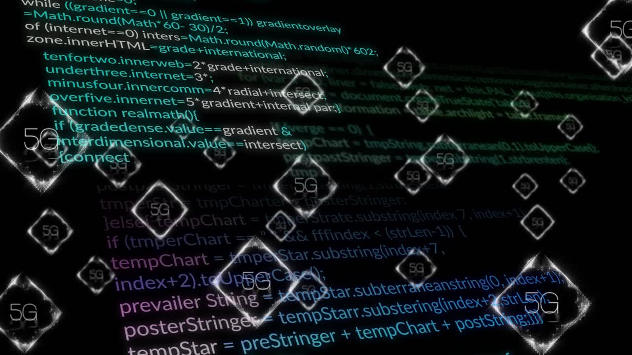 Animation of 5g over data processing on black background
