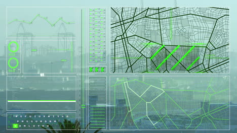 animation of interface with data processing against aerial view of cityscape