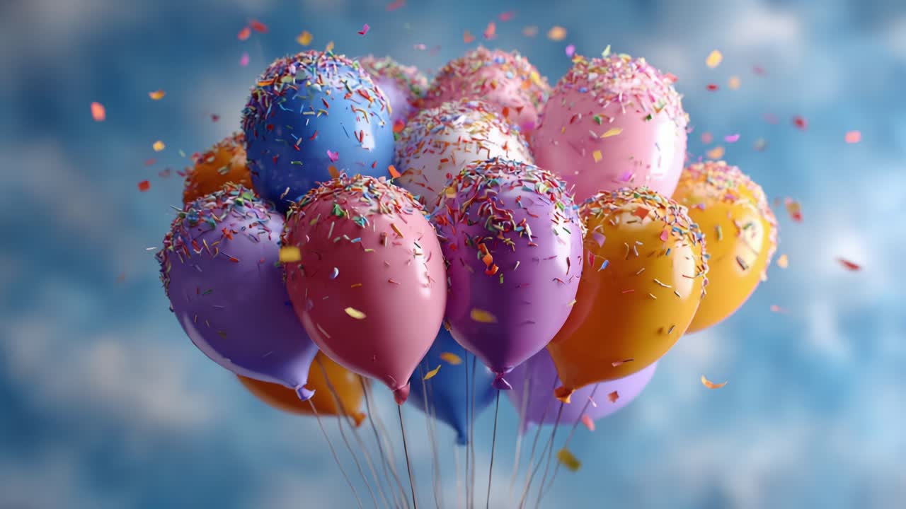 A Vibrant Display of Colorful Balloons with Sprinkles Floating Against a Charming Sky, Perfect for Celebrations and Festive Occasions