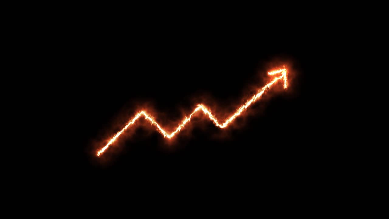 Animated glowing fire arrow forms upward zigzag chart, symbolizing growth, on dark background