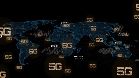 Animation-Von-5G-Text,-Digitaler-Datenverarbeitung-Und-Weltkarte-Auf-Schwarzem-Hintergrund