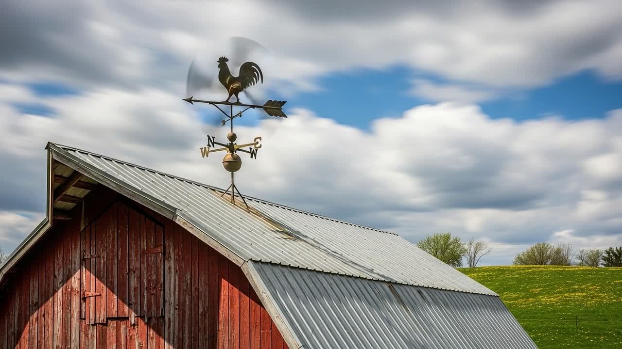 A picturesque red barn with a classic weather vane, showcasing dynamic cloud patterns in the sky, encapsulating rural charm and atmospheric beauty in both frames