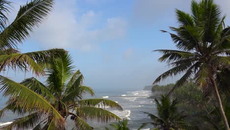 Las-Olas-Llegan-A-La-Orilla-A-Lo-Largo-De-La-Costa-Bordeada-De-Palmeras-De-Kerala,-India