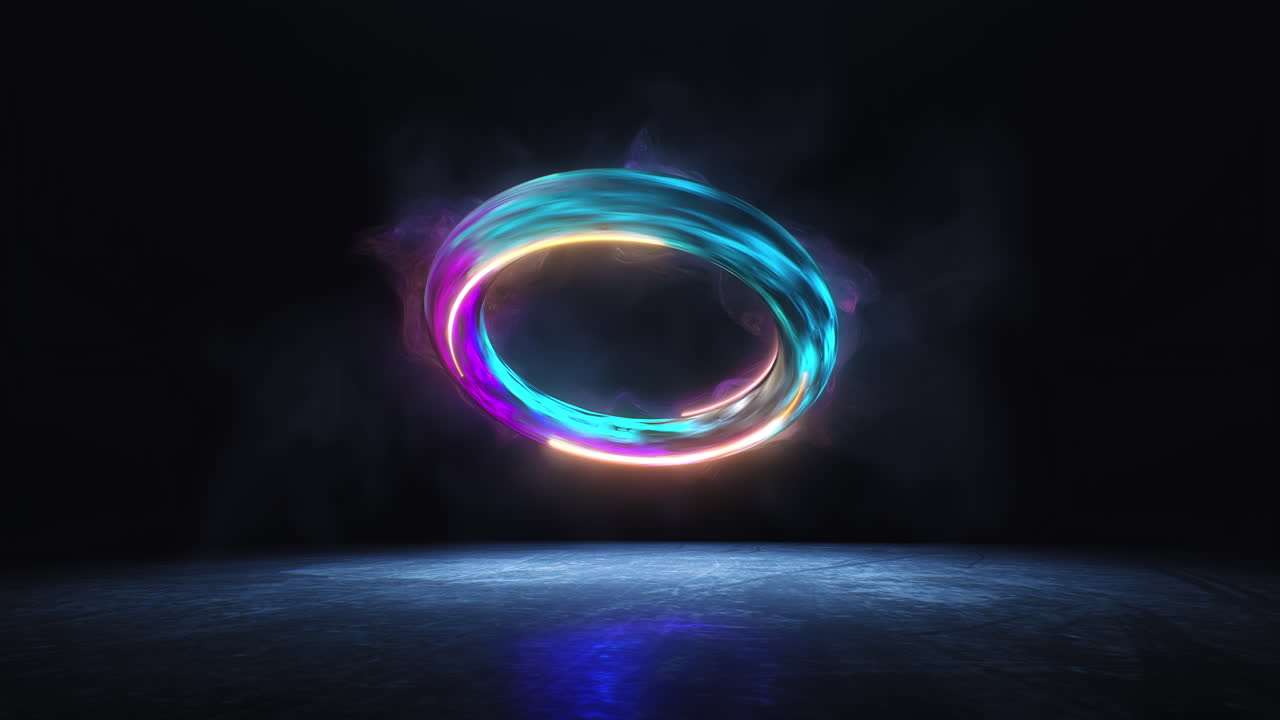 Looping spinning neon energy ring with smoke