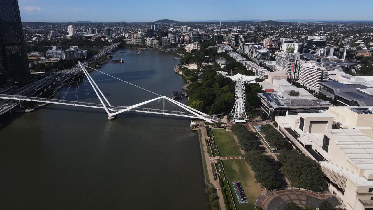 The Neville Bonner Bridge connecting Brisbane City to the popular tourist location South Bank on the Brisbane River. Aerial view.