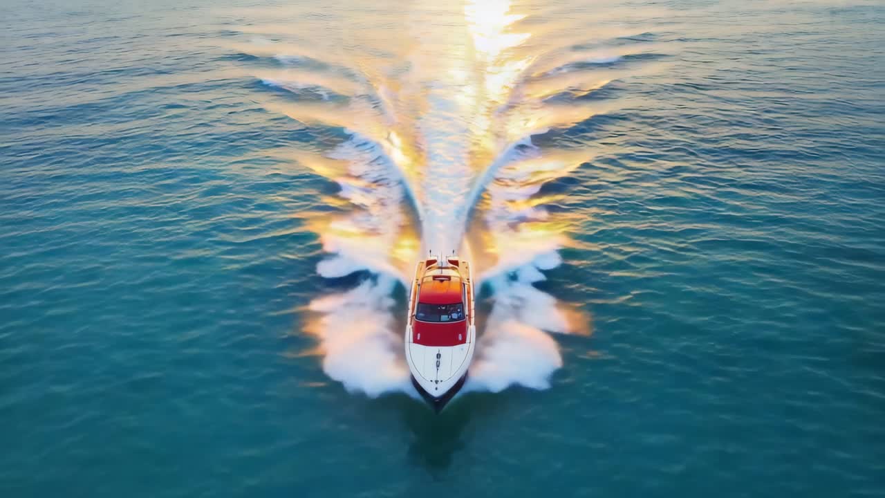 High-Speed Powerboat Leaving a Wake on Water at Sunset