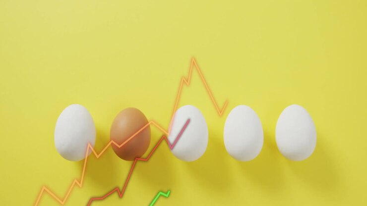 Line graph animation over white and brown eggs on yellow background