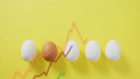 line graph animation over white and brown eggs on yellow background