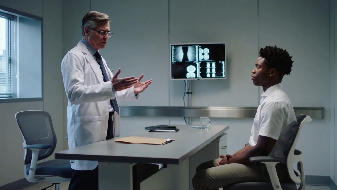 Noticing monitor scans, doctor in lab coat explaining results to teen patient in clinic room, file