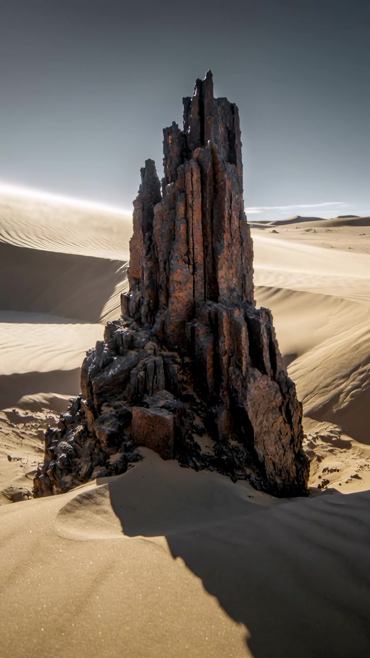 Video verticale: Telecamera che zooma rivelando un'alta roccia frastagliata sulle dune di sabbia, che proietta una lunga ombra.