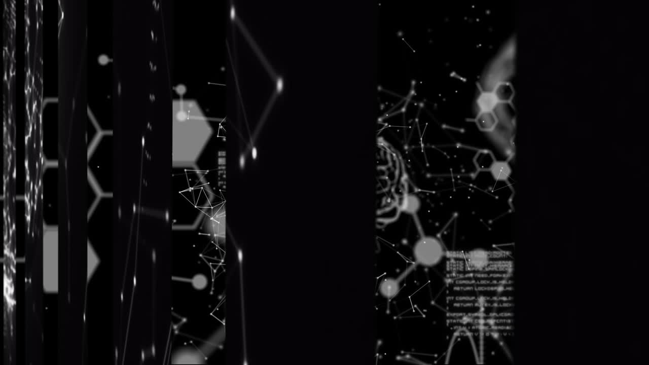 Animation of data processing and shapes on black background
