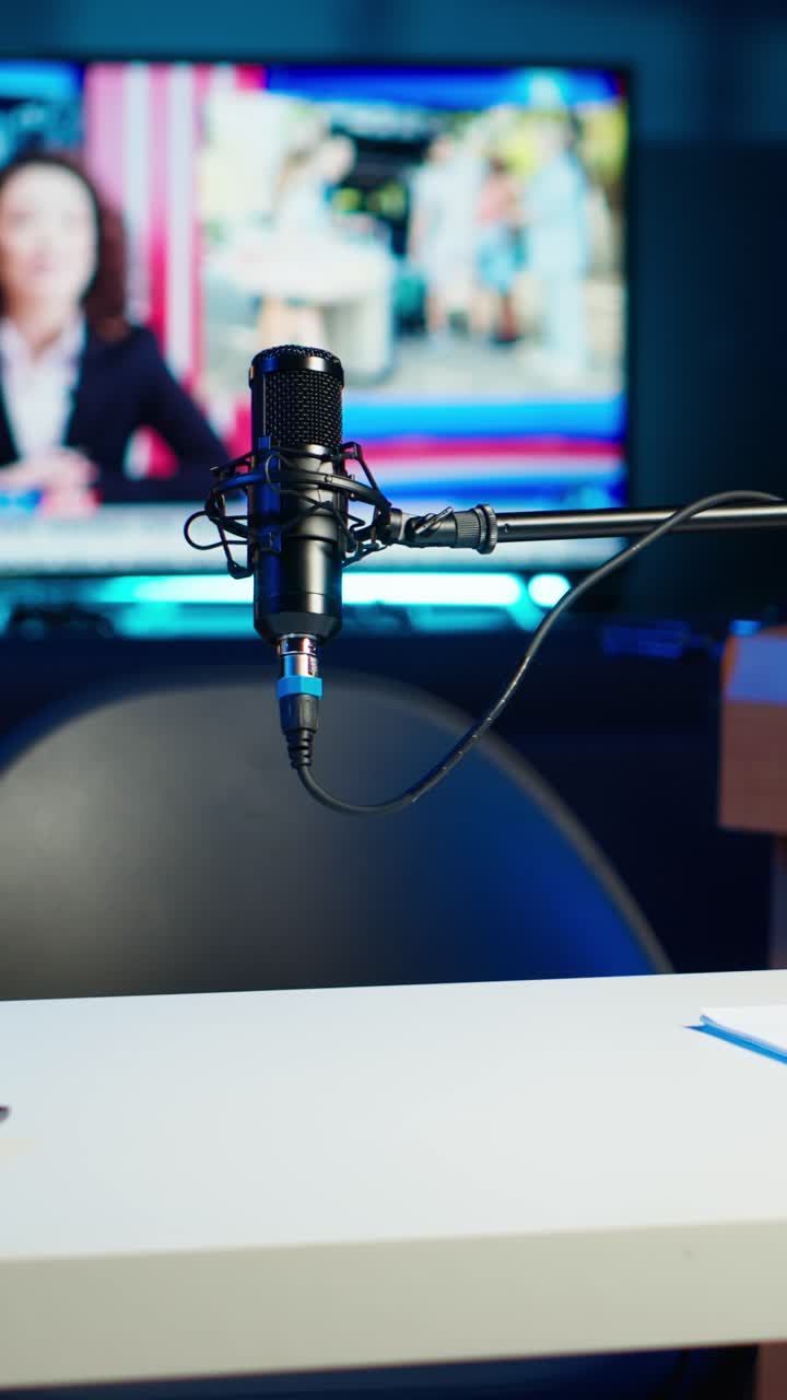 Udstyr til streaming af vertikale videoer i moderne lejlighed oplyst med RGB-lys om natten