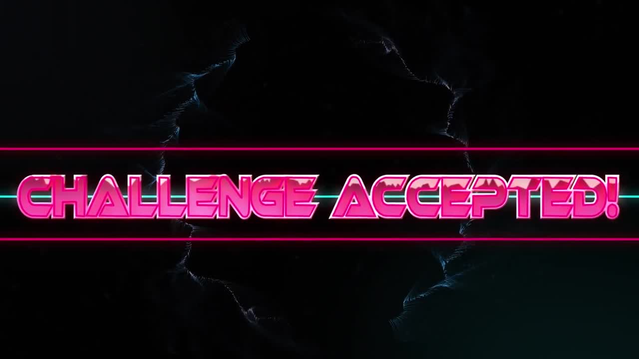 Animation of challange accepted text over geometrical shapes on dark background
