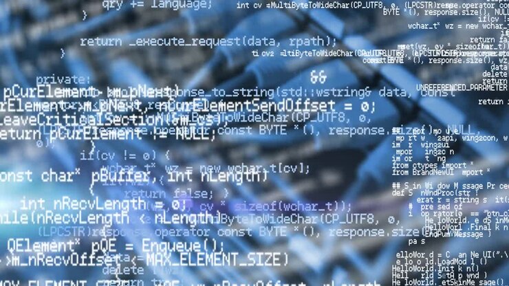 Animation of data processing over close up of computer cables