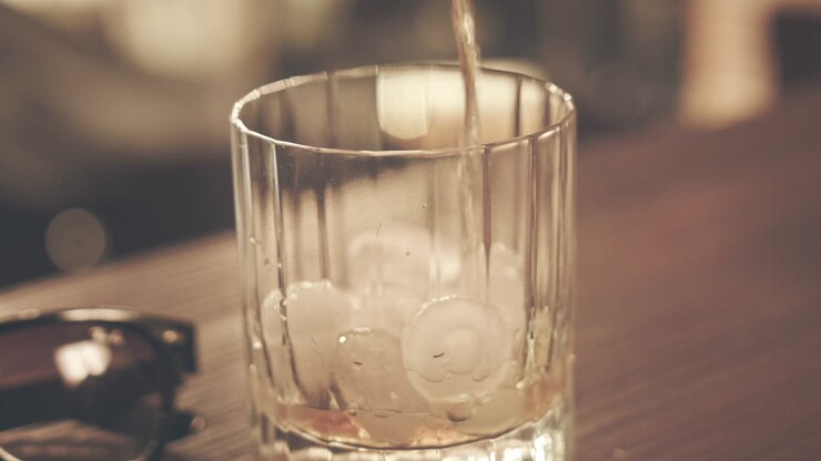 Bevanda hipster. Versamento di cola in bicchiere con ghiaccio. Bicchiere da whisky. Bevanda ghiacciata