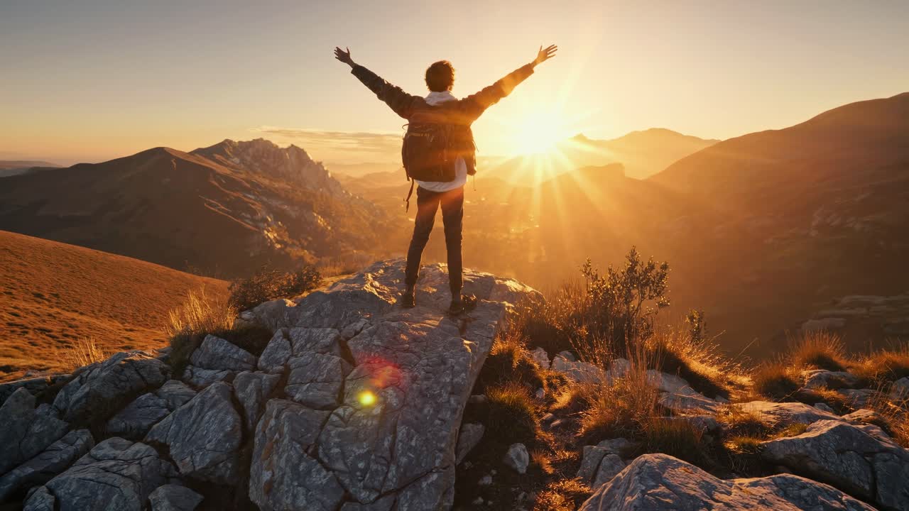A person stands triumphantly on a mountain peak at sunrise, arms outstretched