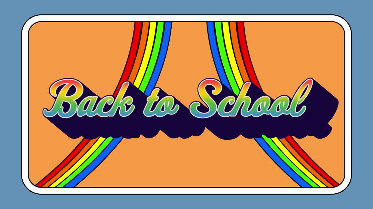 오렌지색 배경에 무지개 위에 학교로 돌아가는 텍스트의 애니메이션