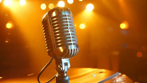 a microphone on a stand in front of a stage with lights