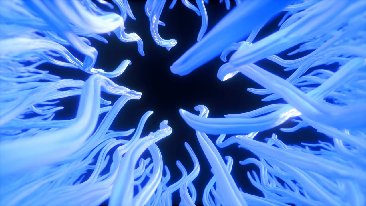 Blue Tentacle Anemone Swirling Toward Center, Hypnotic Bioluminescent Motion With Marine Texture And Fluid
