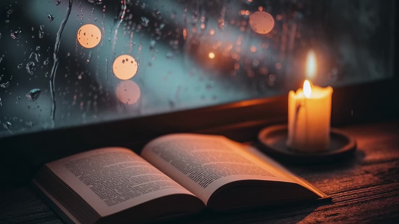 Atmosfera accogliente con un libro e una candela accanto a una finestra piovosa, ripresa in un video ravvicinato ad angolo, Live