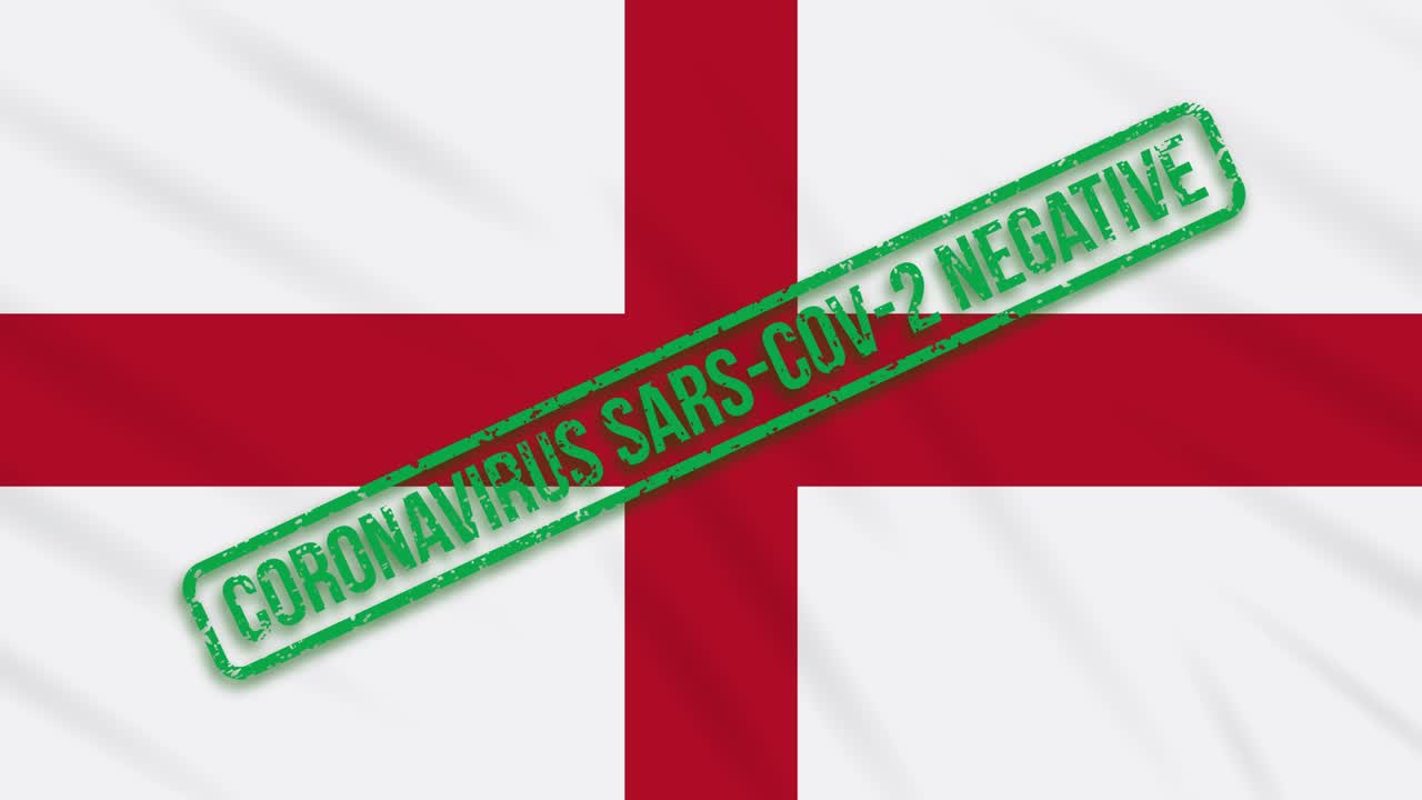 England swaying flag with a green stamp of freedom from coronavirus, loop