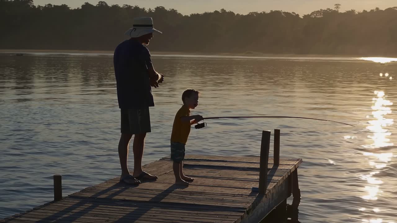 Ayah dan Anak Memancing Saat Matahari Terbenam