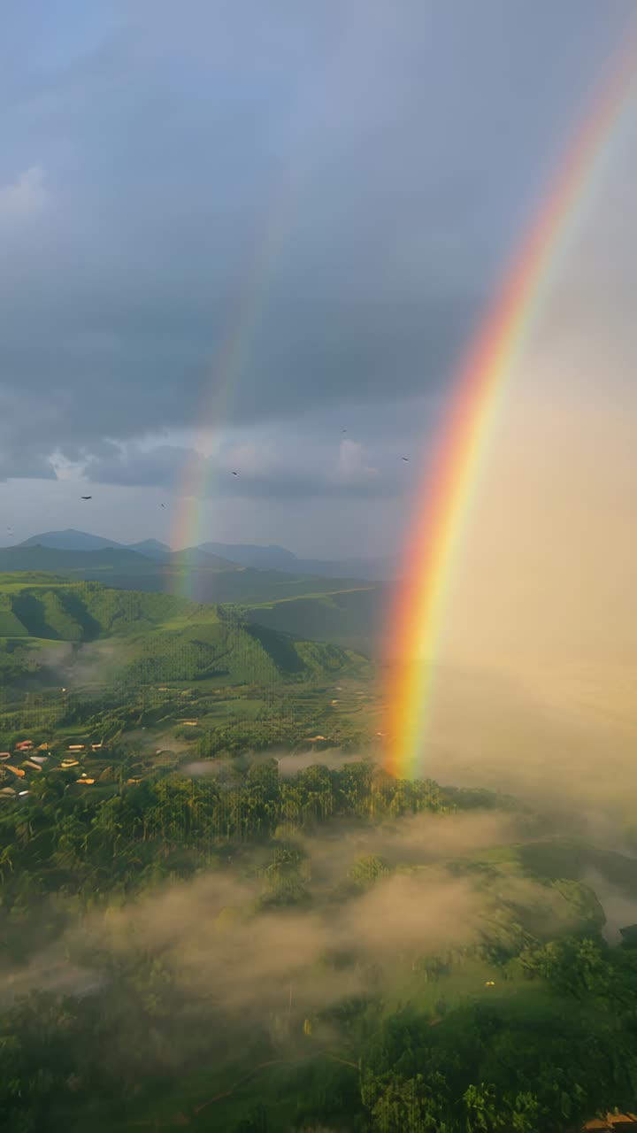Vertical video: Drone drifting showing twin rainbow over valley as low sun warming mist, copy space