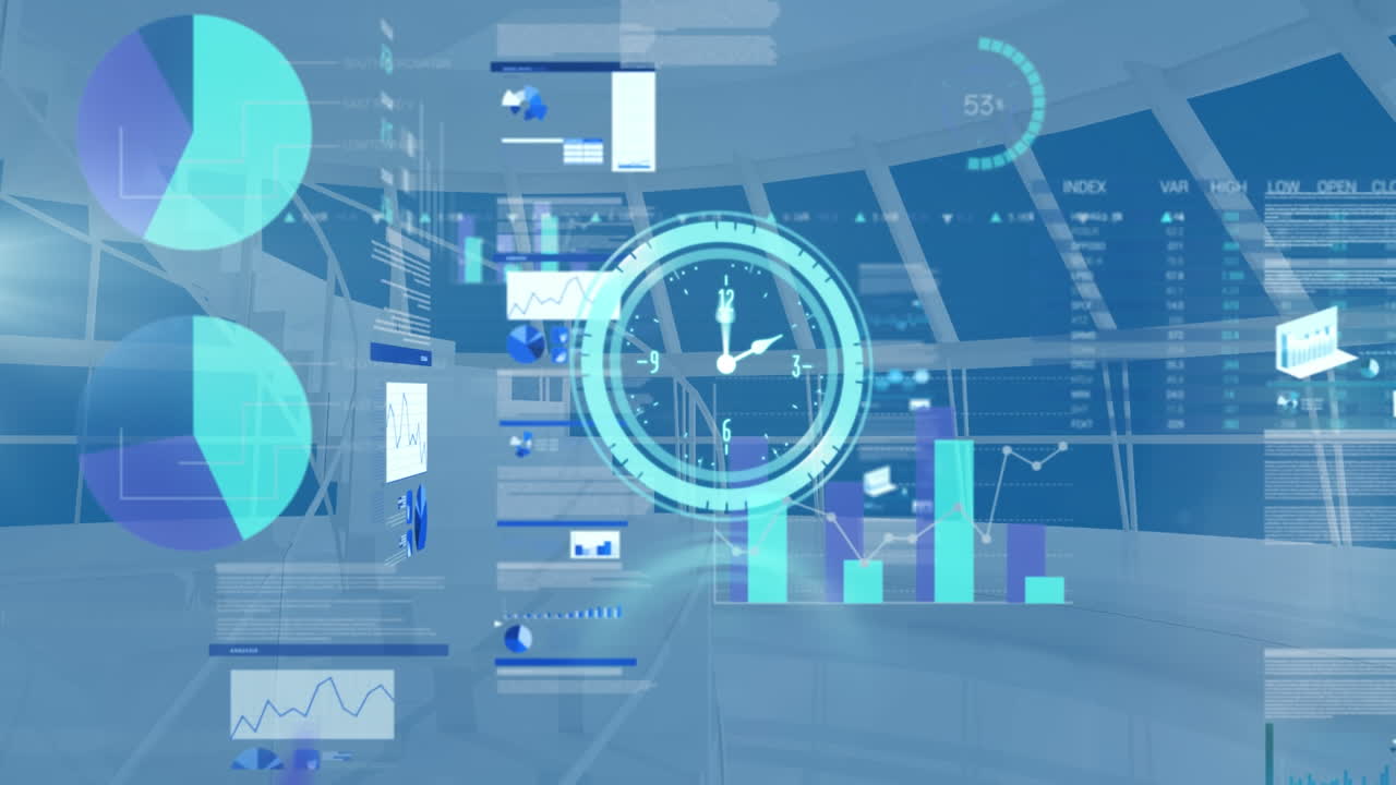 Animation of moving clock and diverse data processing on office background