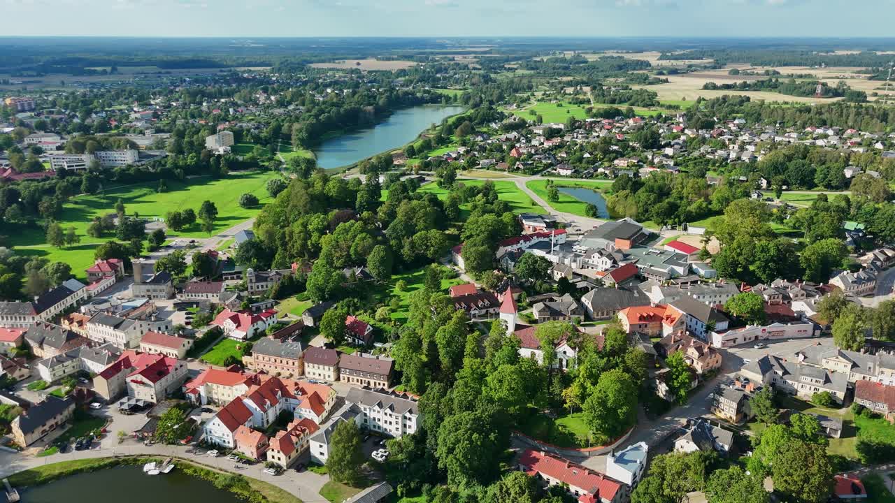 Aerial view of Talsi, Latvia, showcasing lakes and lush green scenery