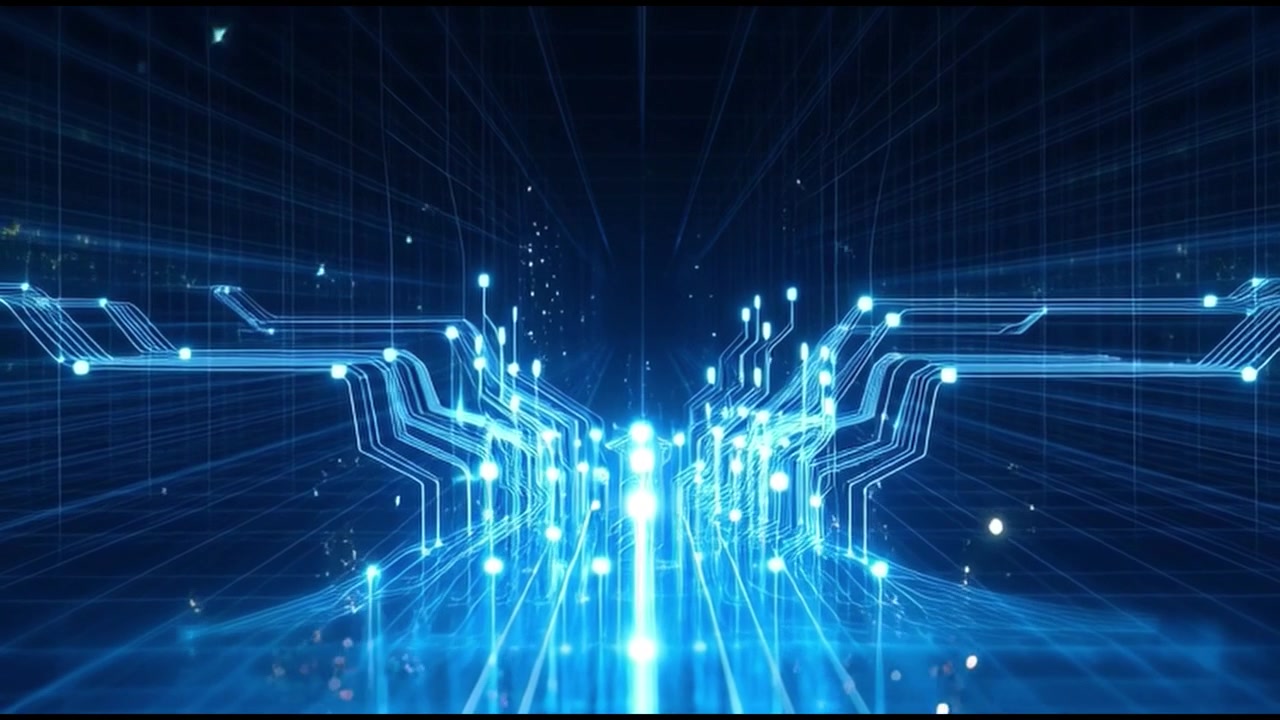 Abstract Digital Circuit Board with Glowing Data Flow